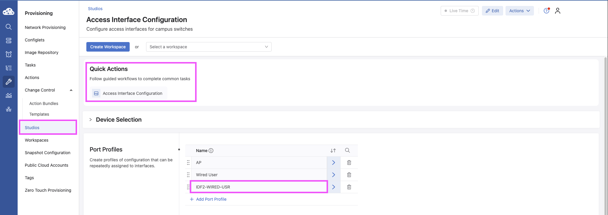 Quick Actions Port Profile